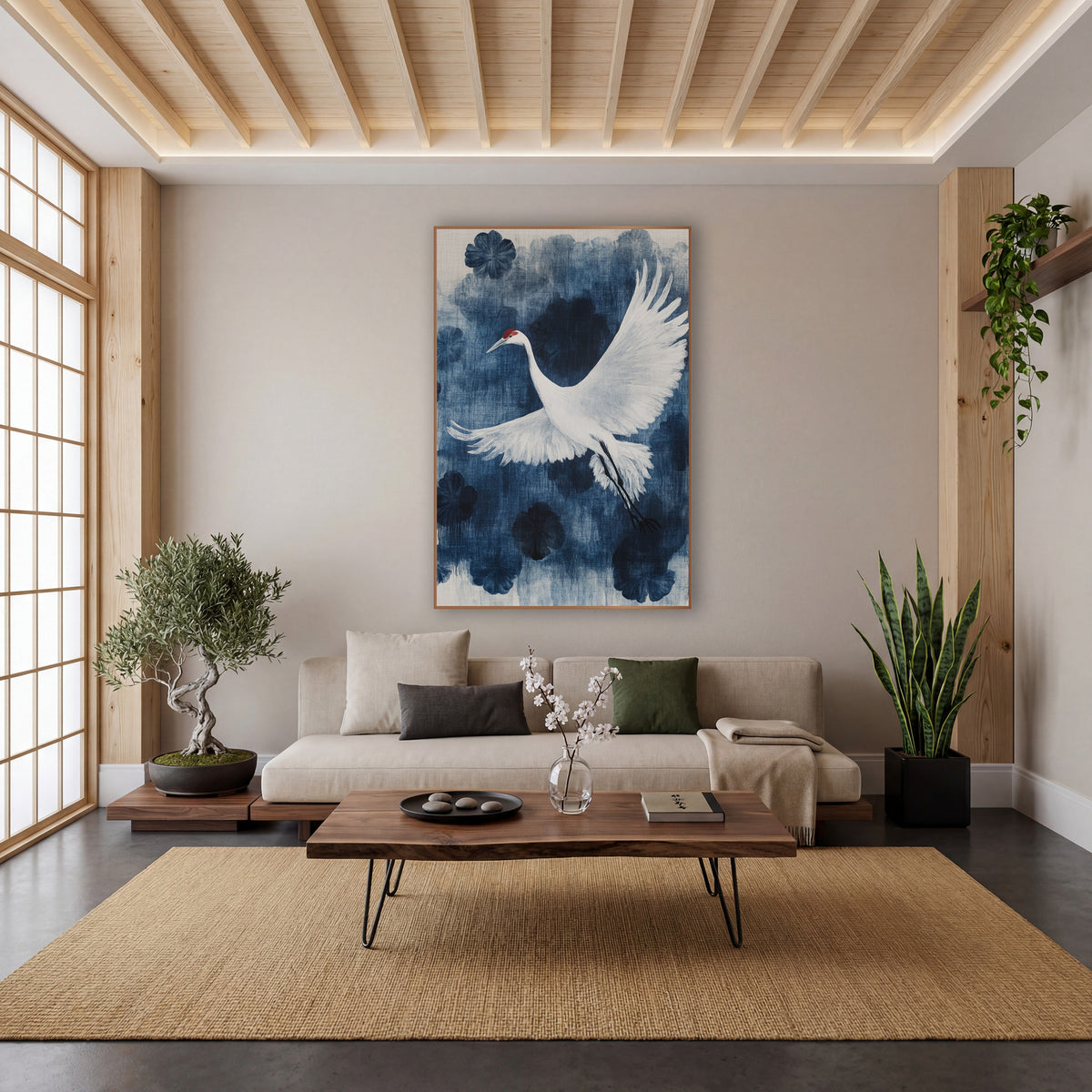 White Crane Indigo Japandi Botanical wall art in a calm Japandi-style room – white crane with red crown flying