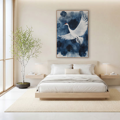 White Crane Indigo Japandi Botanical wall art in a calm Japandi-style room – white crane with red crown flying