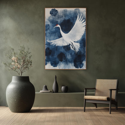 White Crane Indigo Japandi Botanical wall art in a calm Japandi-style room – white crane with red crown flying