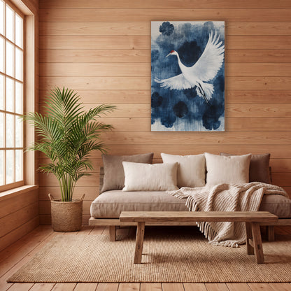 White Crane Indigo Japandi Botanical wall art in a calm Japandi-style room – white crane with red crown flying