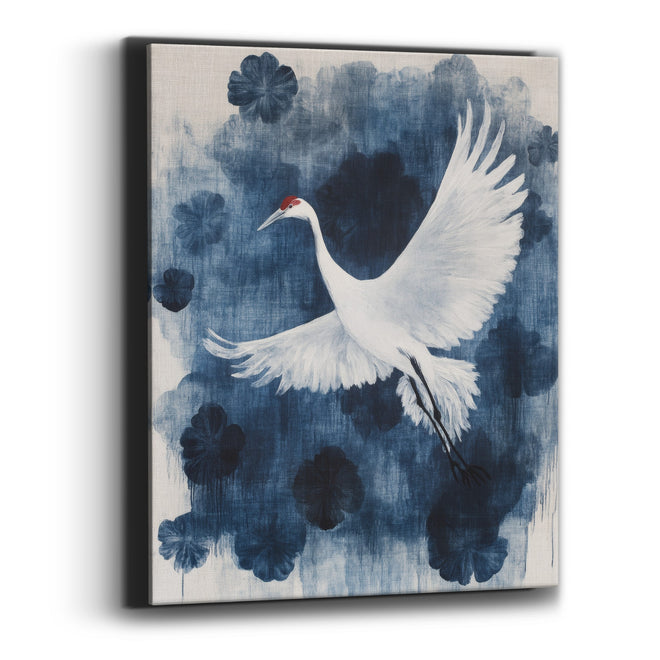 White Crane Indigo Japandi Botanical Canvas Wall Art