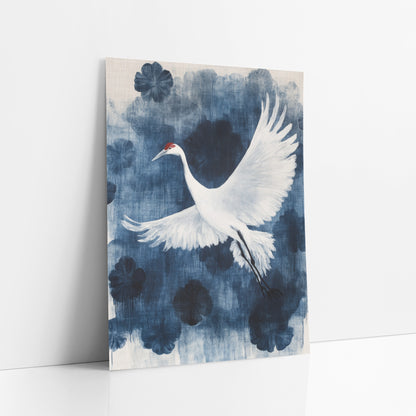 White Crane Indigo Japandi Botanical art print leaning against a white wall – white crane with red crown flying with raised