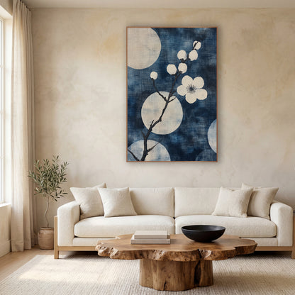 Indigo Plum Blossom Branch Japandi wall art in a calm Japandi-style room – white plum blossom branch with round buds