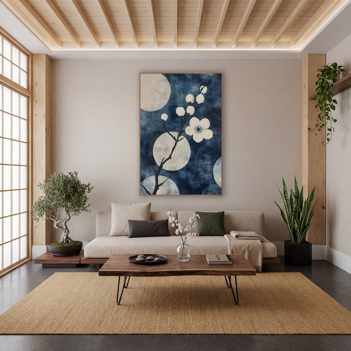 Indigo Plum Blossom Branch Japandi wall art in a calm Japandi-style room – white plum blossom branch with round buds