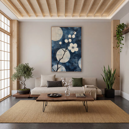 Indigo Plum Blossom Branch Japandi wall art in a calm Japandi-style room – white plum blossom branch with round buds