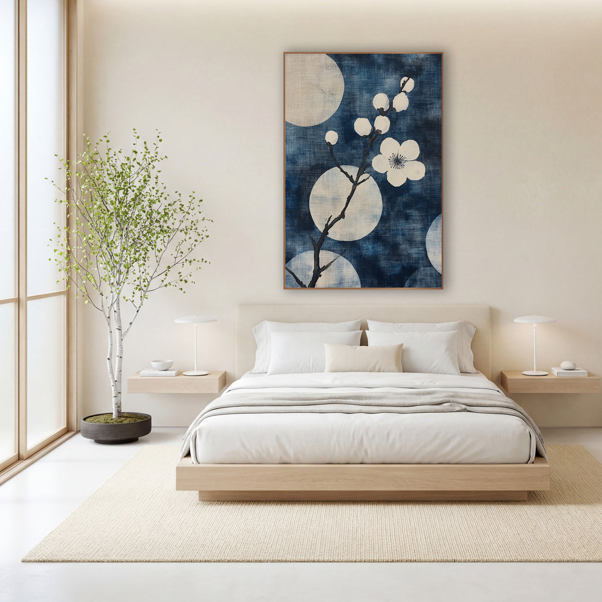 Indigo Plum Blossom Branch Japandi wall art in a calm Japandi-style room – white plum blossom branch with round buds