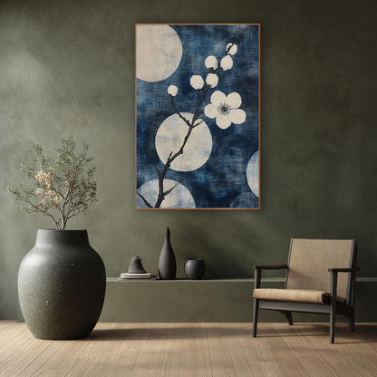 Indigo Plum Blossom Branch Japandi wall art in a calm Japandi-style room – white plum blossom branch with round buds