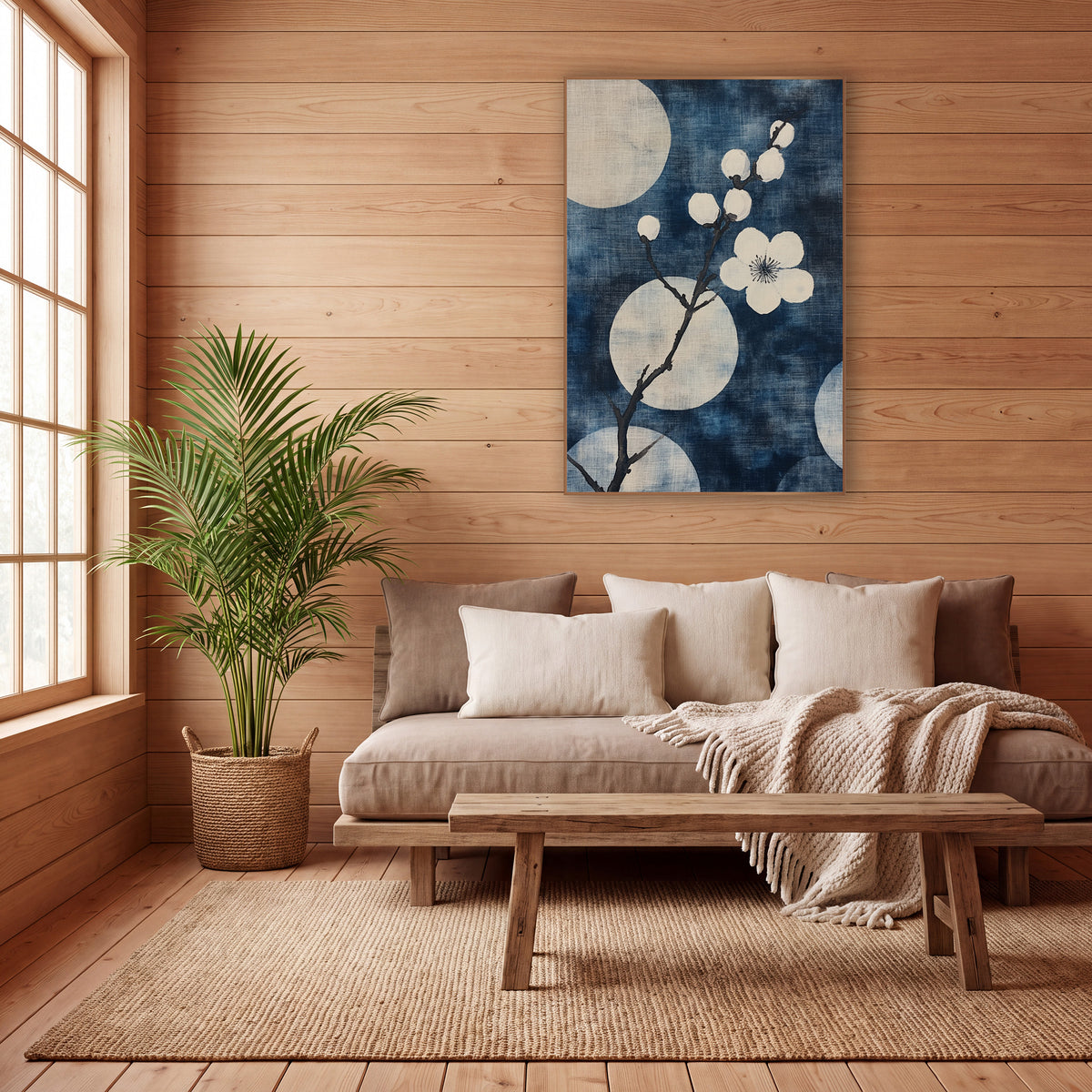 Indigo Plum Blossom Branch Japandi wall art in a calm Japandi-style room – white plum blossom branch with round buds