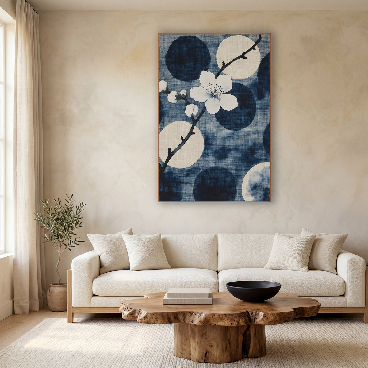 White Plum Blossom Indigo Japandi wall art in a calm Japandi-style room – white plum blossom and buds on a dark branch