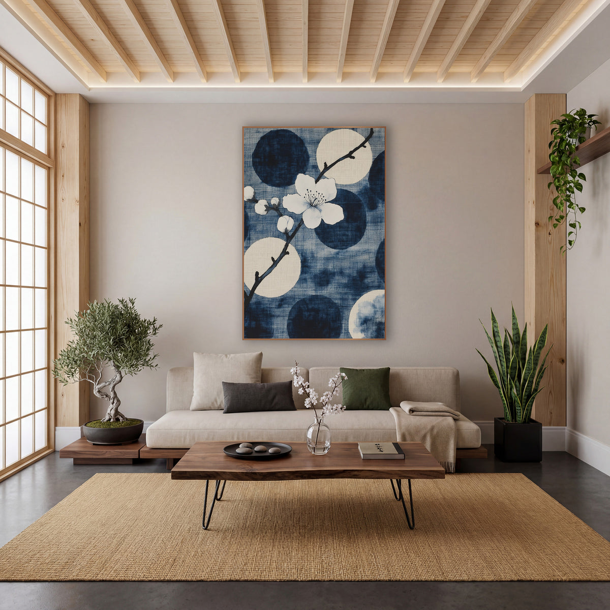 White Plum Blossom Indigo Japandi wall art in a calm Japandi-style room – white plum blossom and buds on a dark branch