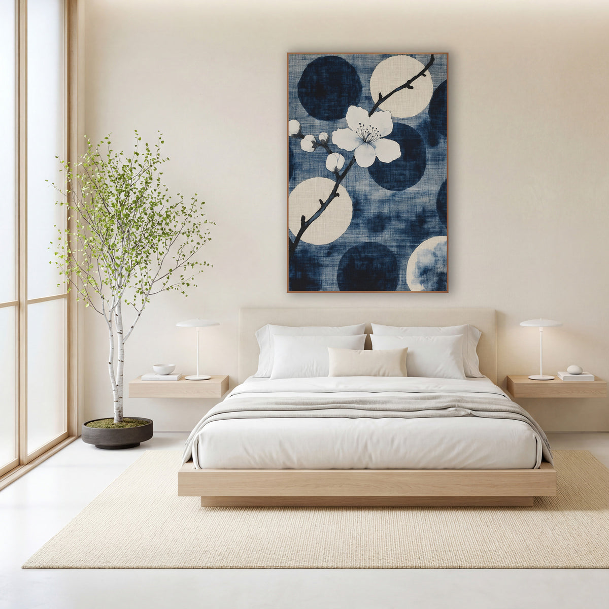 White Plum Blossom Indigo Japandi wall art in a calm Japandi-style room – white plum blossom and buds on a dark branch