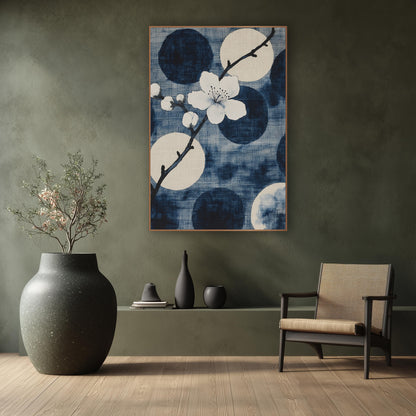 White Plum Blossom Indigo Japandi wall art in a calm Japandi-style room – white plum blossom and buds on a dark branch