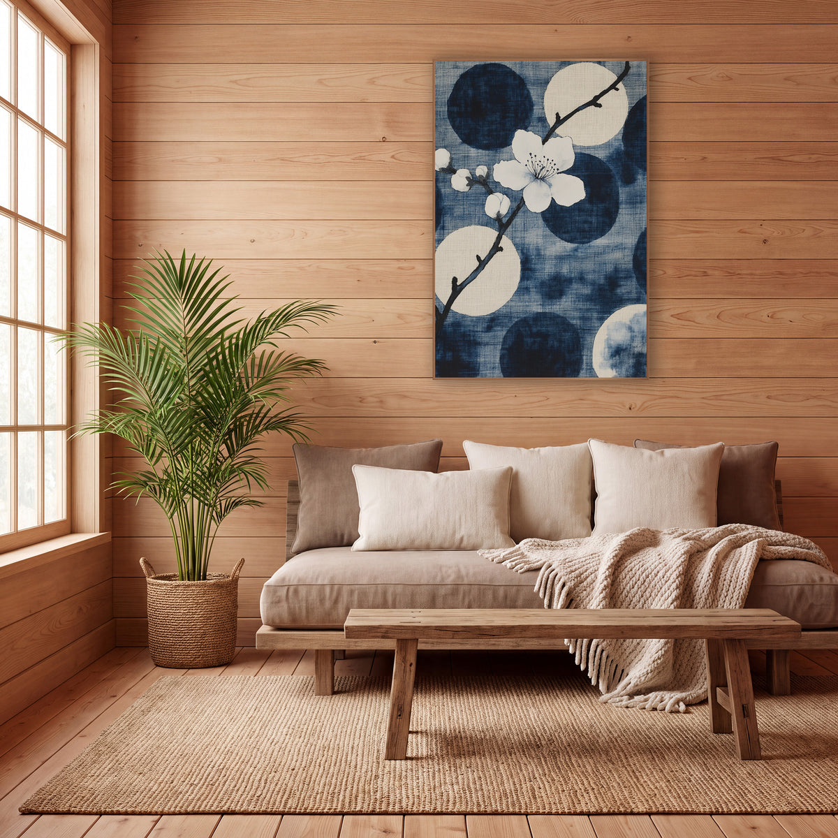 White Plum Blossom Indigo Japandi wall art in a calm Japandi-style room – white plum blossom and buds on a dark branch