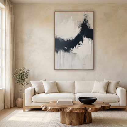 Midnight Ink Arc Zen Abstract wall art in a calm Japandi-style room – abstract ink arc in navy-black curving around