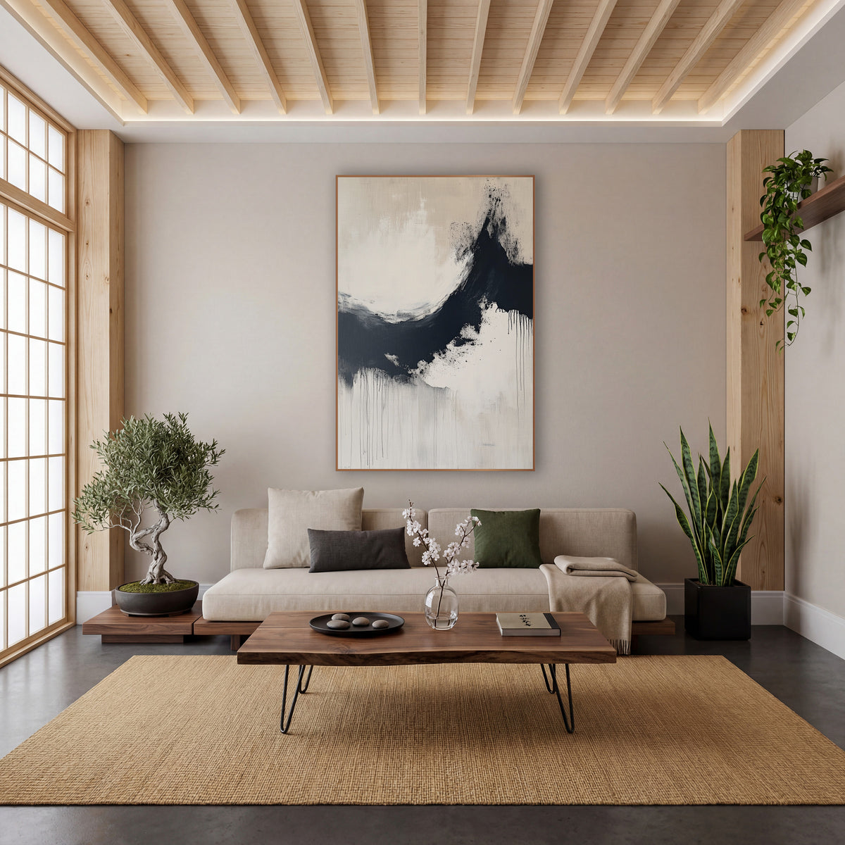 Midnight Ink Arc Zen Abstract wall art in a calm Japandi-style room – abstract ink arc in navy-black curving around