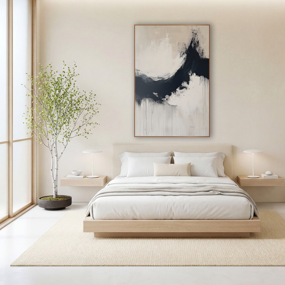 Midnight Ink Arc Zen Abstract wall art in a calm Japandi-style room – abstract ink arc in navy-black curving around
