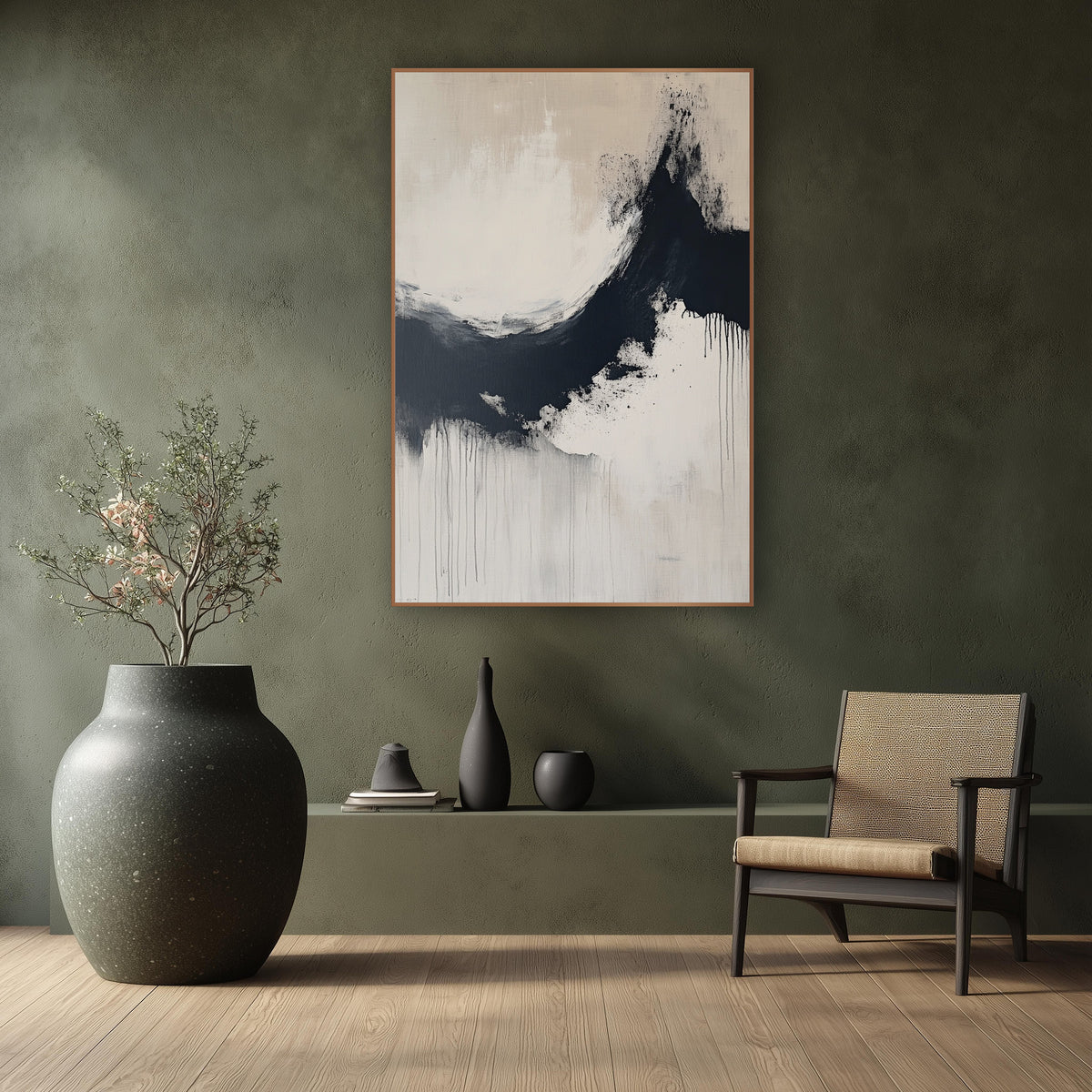 Midnight Ink Arc Zen Abstract wall art in a calm Japandi-style room – abstract ink arc in navy-black curving around