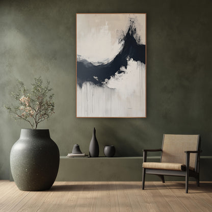 Midnight Ink Arc Zen Abstract wall art in a calm Japandi-style room – abstract ink arc in navy-black curving around