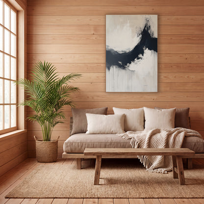 Midnight Ink Arc Zen Abstract wall art in a calm Japandi-style room – abstract ink arc in navy-black curving around