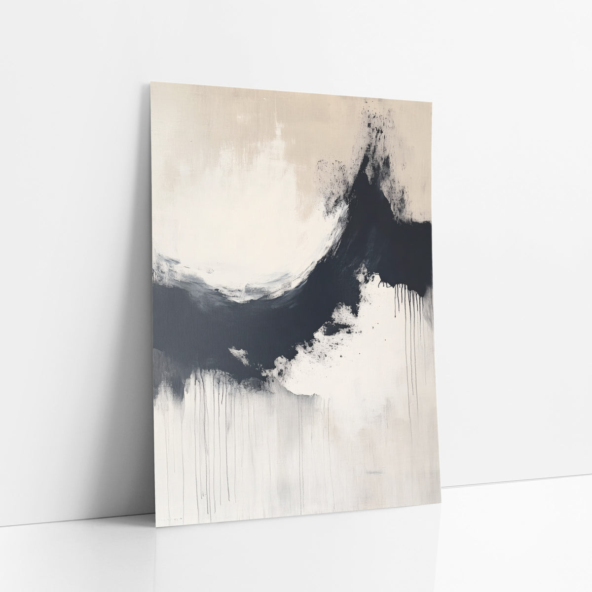 Midnight Ink Arc Zen Abstract art print leaning against a white wall – abstract ink arc in navy-black curving around a cream
