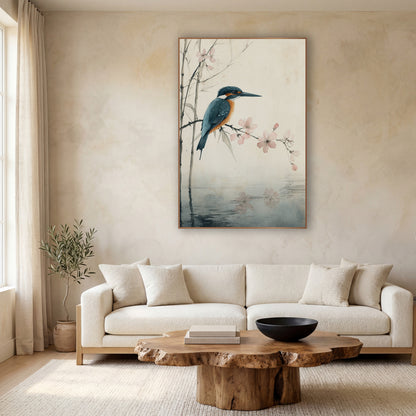 Kingfisher and Pink Blossom Japandi wall art in a calm Japandi-style room – teal and orange kingfisher perched