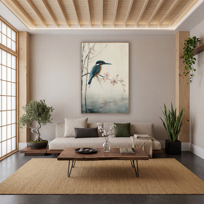 Kingfisher and Pink Blossom Japandi wall art in a calm Japandi-style room – teal and orange kingfisher perched