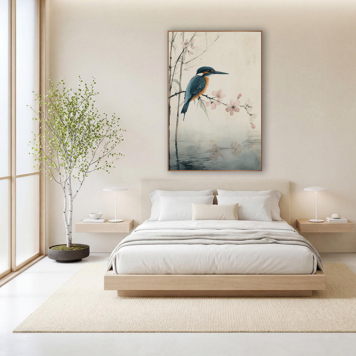 Kingfisher and Pink Blossom Japandi wall art in a calm Japandi-style room – teal and orange kingfisher perched