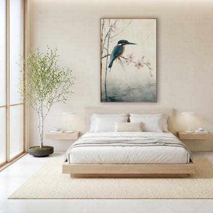 Kingfisher and Pink Blossom Japandi wall art in a calm Japandi-style room – teal and orange kingfisher perched