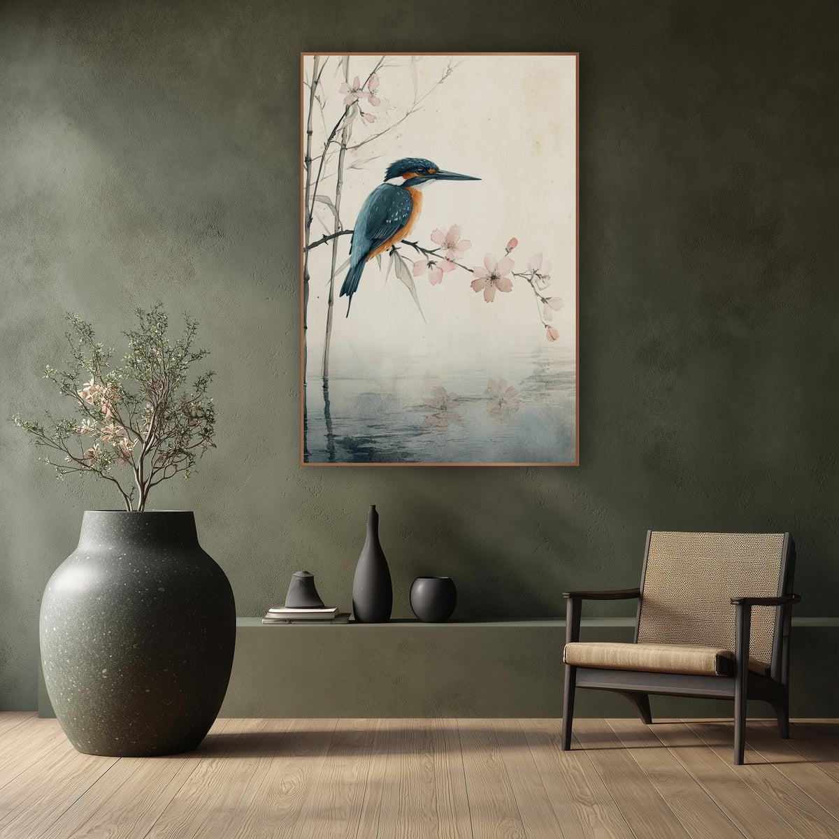 Kingfisher and Pink Blossom Japandi wall art in a calm Japandi-style room – teal and orange kingfisher perched
