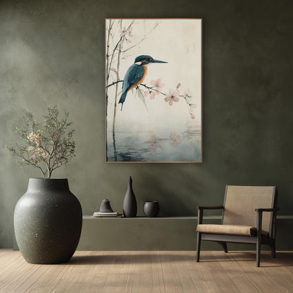 Kingfisher and Pink Blossom Japandi wall art in a calm Japandi-style room – teal and orange kingfisher perched