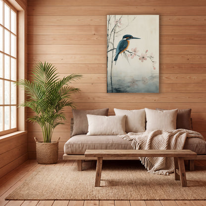 Kingfisher and Pink Blossom Japandi wall art in a calm Japandi-style room – teal and orange kingfisher perched