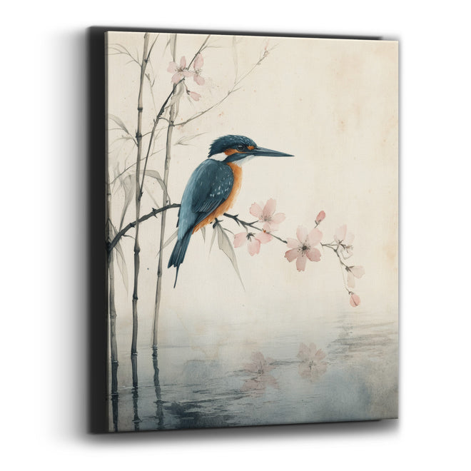 Kingfisher and Pink Blossom Japandi Canvas Wall Art