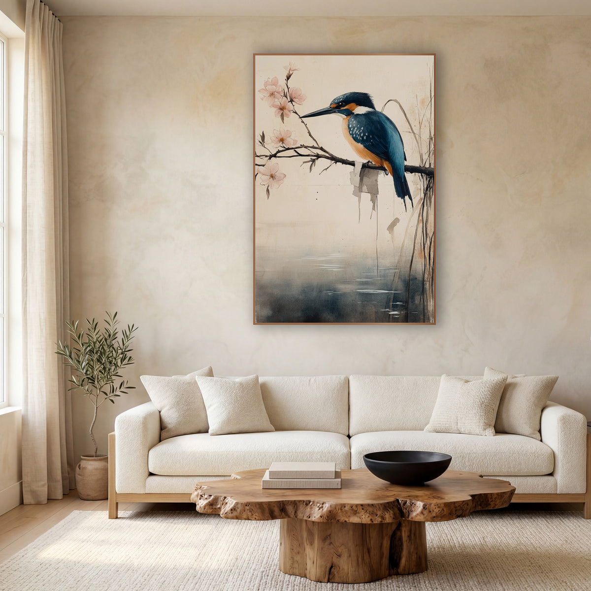 Kingfisher Reeds Pond Japandi wall art in a calm Japandi-style room – blue and orange kingfisher on a bare branch