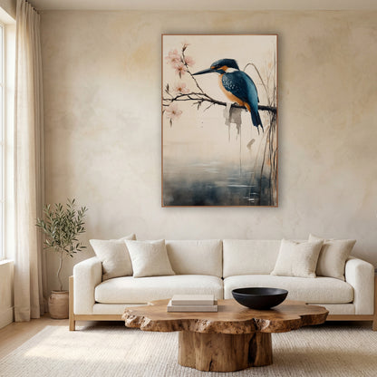 Kingfisher Reeds Pond Japandi wall art in a calm Japandi-style room – blue and orange kingfisher on a bare branch