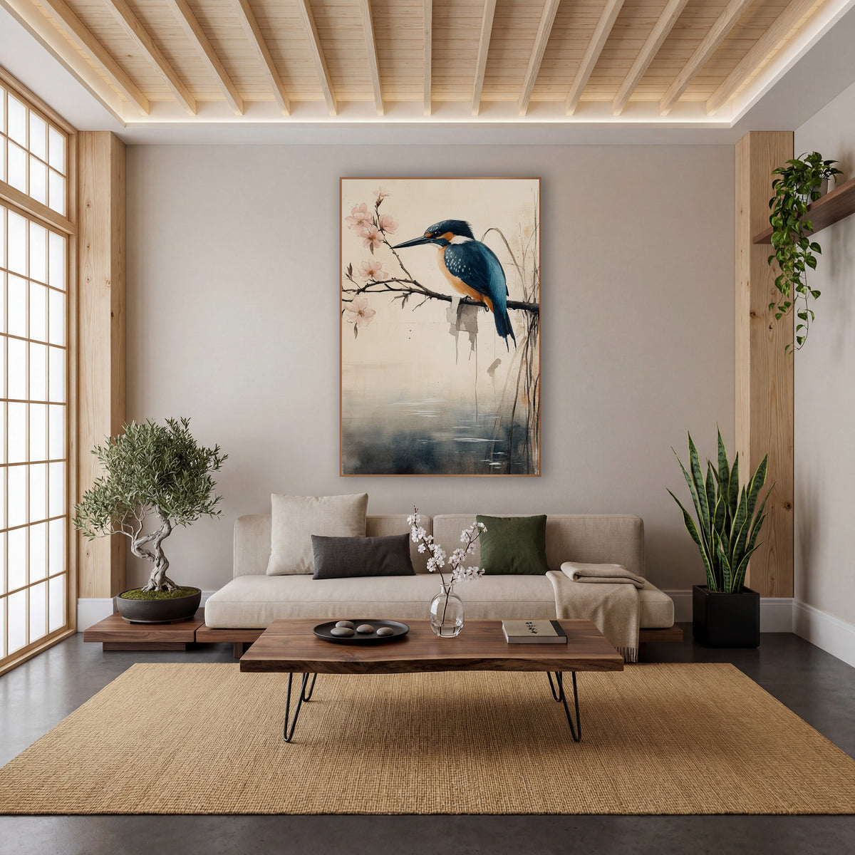 Kingfisher Reeds Pond Japandi wall art in a calm Japandi-style room – blue and orange kingfisher on a bare branch