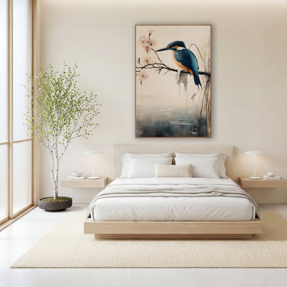 Kingfisher Reeds Pond Japandi wall art in a calm Japandi-style room – blue and orange kingfisher on a bare branch