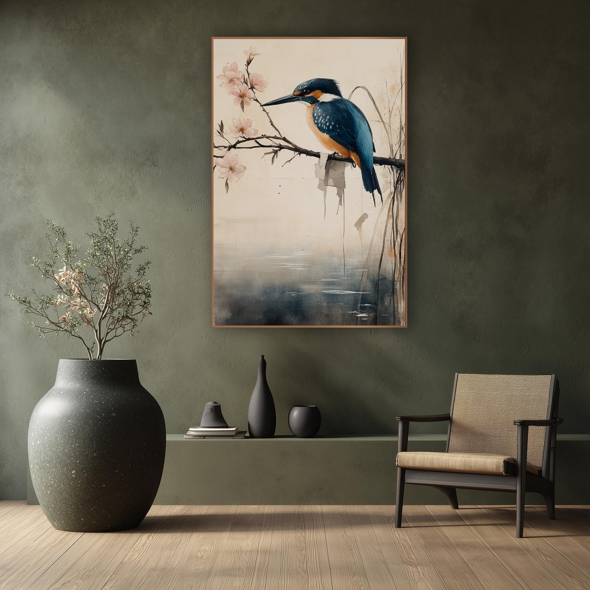 Kingfisher Reeds Pond Japandi wall art in a calm Japandi-style room – blue and orange kingfisher on a bare branch