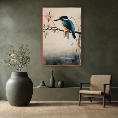 Kingfisher Reeds Pond Japandi wall art in a calm Japandi-style room – blue and orange kingfisher on a bare branch