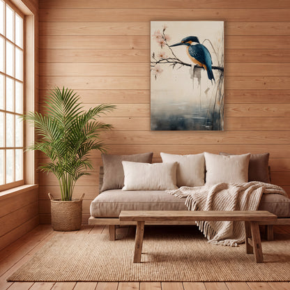 Kingfisher Reeds Pond Japandi wall art in a calm Japandi-style room – blue and orange kingfisher on a bare branch