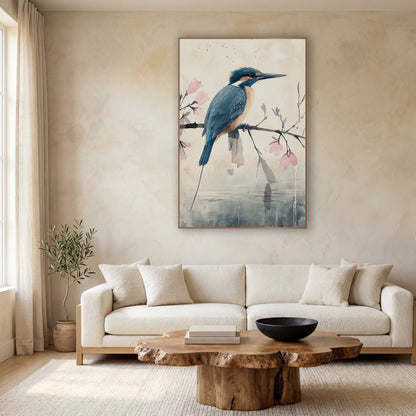 Kingfisher Magnolia Reflection Watercolor wall art in a calm Japandi-style room – blue and orange kingfisher on a bare