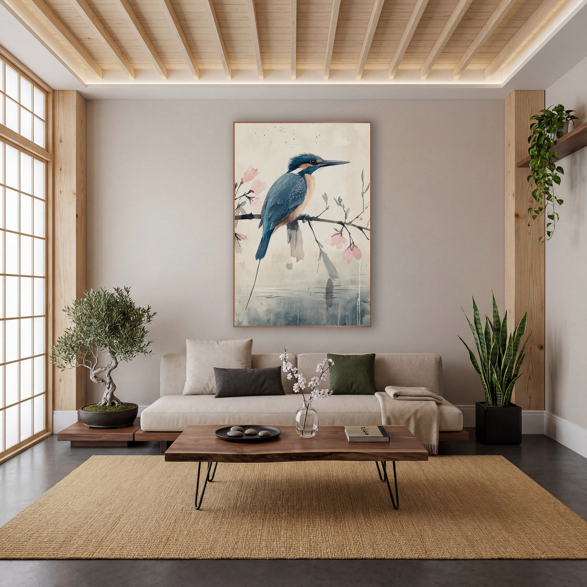 Kingfisher Magnolia Reflection Watercolor wall art in a calm Japandi-style room – blue and orange kingfisher on a bare