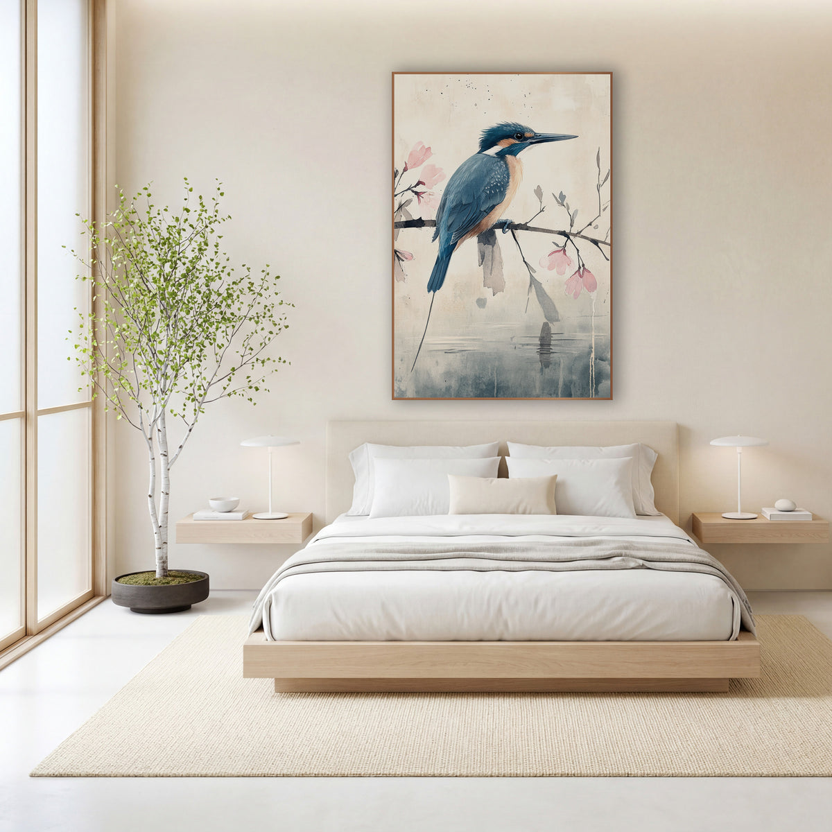 Kingfisher Magnolia Reflection Watercolor wall art in a calm Japandi-style room – blue and orange kingfisher on a bare