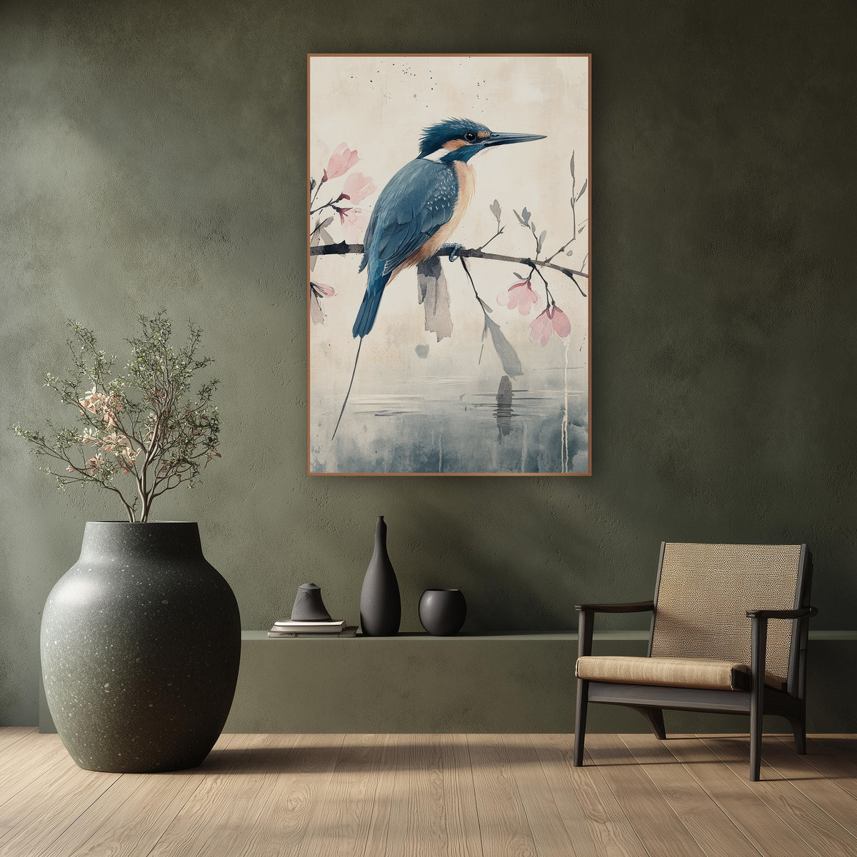 Kingfisher Magnolia Reflection Watercolor wall art in a calm Japandi-style room – blue and orange kingfisher on a bare