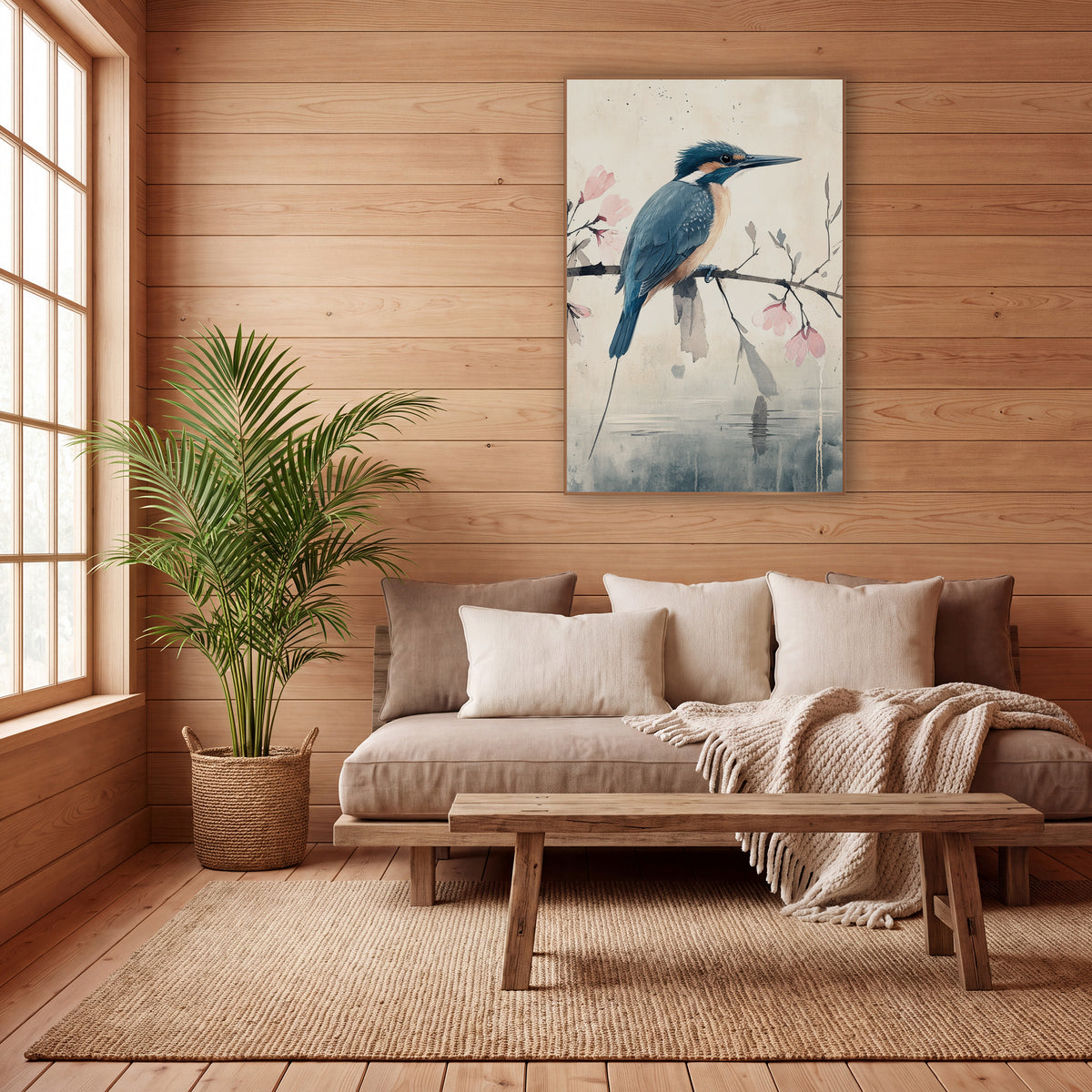 Kingfisher Magnolia Reflection Watercolor wall art in a calm Japandi-style room – blue and orange kingfisher on a bare