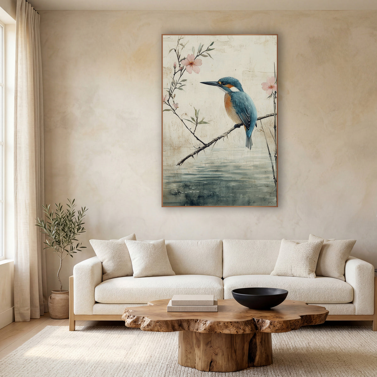 Kingfisher Thorny Branch Bamboo Japandi wall art in a calm Japandi-style room – blue and orange kingfisher on a bare