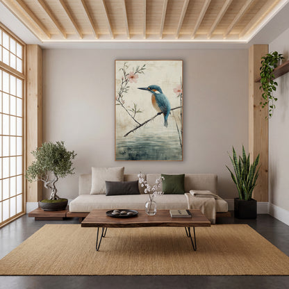 Kingfisher Thorny Branch Bamboo Japandi wall art in a calm Japandi-style room – blue and orange kingfisher on a bare
