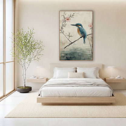 Kingfisher Thorny Branch Bamboo Japandi wall art in a calm Japandi-style room – blue and orange kingfisher on a bare