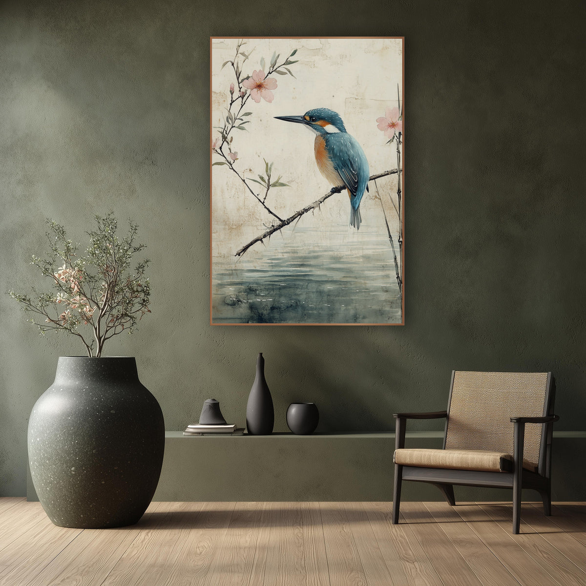 Kingfisher Thorny Branch Bamboo Japandi wall art in a calm Japandi-style room – blue and orange kingfisher on a bare