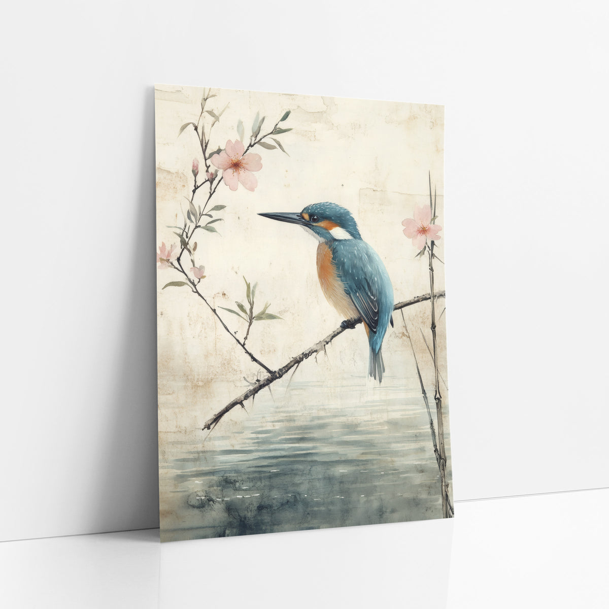Kingfisher Thorny Branch Bamboo Japandi art print leaning against a white wall – blue and orange kingfisher on a bare branch