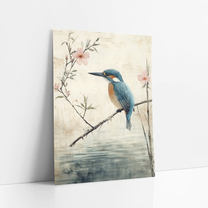 Kingfisher Thorny Branch Bamboo Japandi art print leaning against a white wall – blue and orange kingfisher on a bare branch